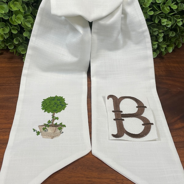 Personalized custom order white linen wreath sash with green topiary