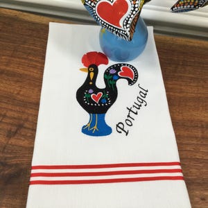 Embroidered Portugal Rooster Tea Towel: Galo de Barcelos Kitchen Decor