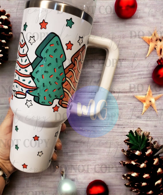 Christmas Tree Cake Tumbler With Handle. Little Debbie Quencher