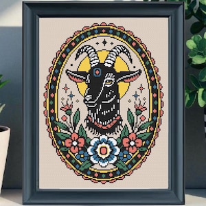 Schema per punto croce di una capra nera in PDF / Schema di una capra in stile tatuaggio / Download immediato