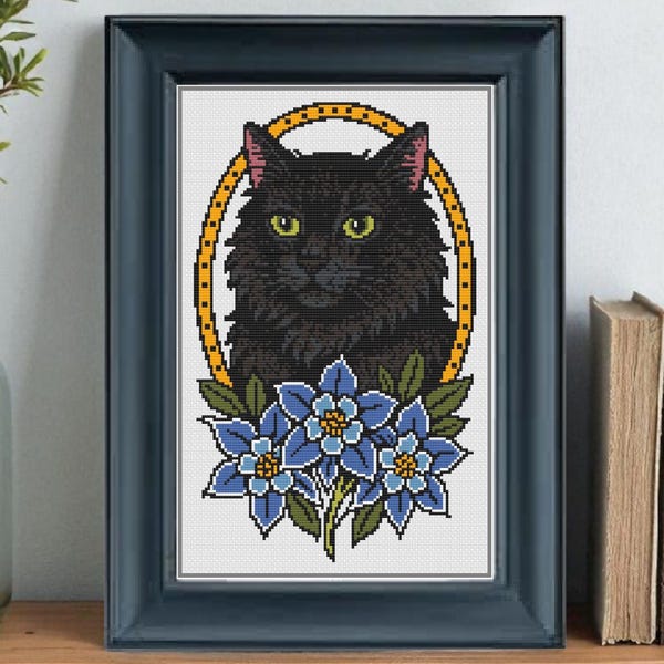 Black Cat Cross Stitch Pattern PDF | Tattoo Style Cat Pattern | Instant Download