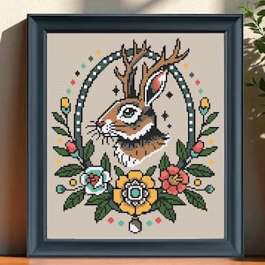 Schema per punto croce Jackalope in PDF / Disegno in stile tatuaggio e folklore / Download immediato