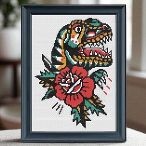 Motif de point de croix T-Rex rose PDF | Motif dinosaure style tatouage | Téléchargement instantané