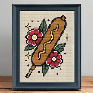 Patrón de punto de cruz de perrito caliente en PDF / Patrón de tatuaje de comida divertida / Descarga instantánea