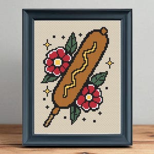 Patrón de punto de cruz de perrito caliente en PDF / Patrón de tatuaje de comida divertida / Descarga instantánea
