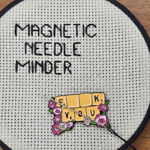F You Scrabble Needle Minder | Floral Enamel Magnetic Cross Stitch Tool | Hat Magnet, Planner Clip, Subversive Craft Gift