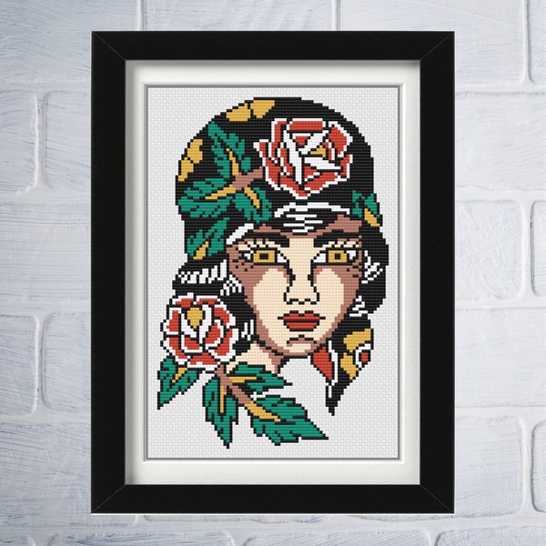 PATTERN Gypsy Rose Tattoo Cross Stitch Pattern - Pretty Cross Stitch Pattern - Subversive Cross Stitch - Rose Cross Stitch