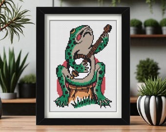 Banjo Frog Cross Stitch Pattern PDF – Tattoo Inspired Subversive Embroidery – Funny Amphibian Needlework Design