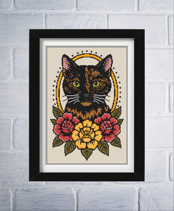 Black and Tan Tortoiseshell Cat Cross Stitch Pattern PDF | Tattoo