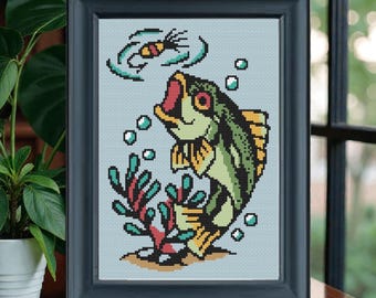 Bass on the Fly Cross Stitch Pattern PDF - Tattoo Fishing Embroidery Design - Father's Day Craft - Instant Download