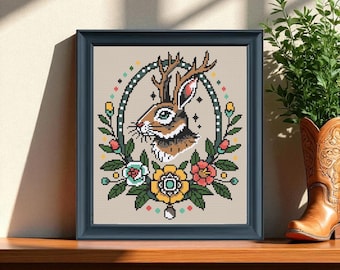 Jackalope Cross Stitch Pattern PDF | Subversive Folklore Embroidery | Spring Tattoo-Inspired Needlework Design | Instant Digital Download
