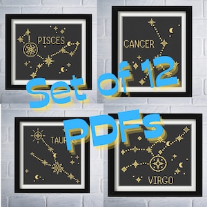 Set of 12 Astrology Cross Stitch Pattern PDFs - Constellation Zodiac Embroidery Design - Tarot and Witchy DIY Decor Instant Download Charts