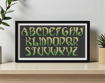 Spookachtig alfabet kruissteekpatroon pdf – Gothic Halloween ABC Sampler, groene ombre-letterlettertype - direct downloaden