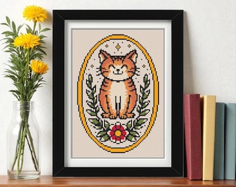 Oranje kat kruissteekpatroon pdf | Kattenborduurwerk in tattoo-stijl | Modern huisdierportret-naaldpunt | Digitaal ontwerp direct downloaden