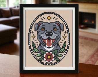 Pitbull-kruissteekpatroon pdf | Hondenportret met bloementattoo | Direct downloaden