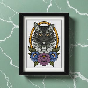 Grijze Maine Coon kat kruissteekpatroon PDF | Bloemen kattenportret | Direct downloaden afbeelding 5