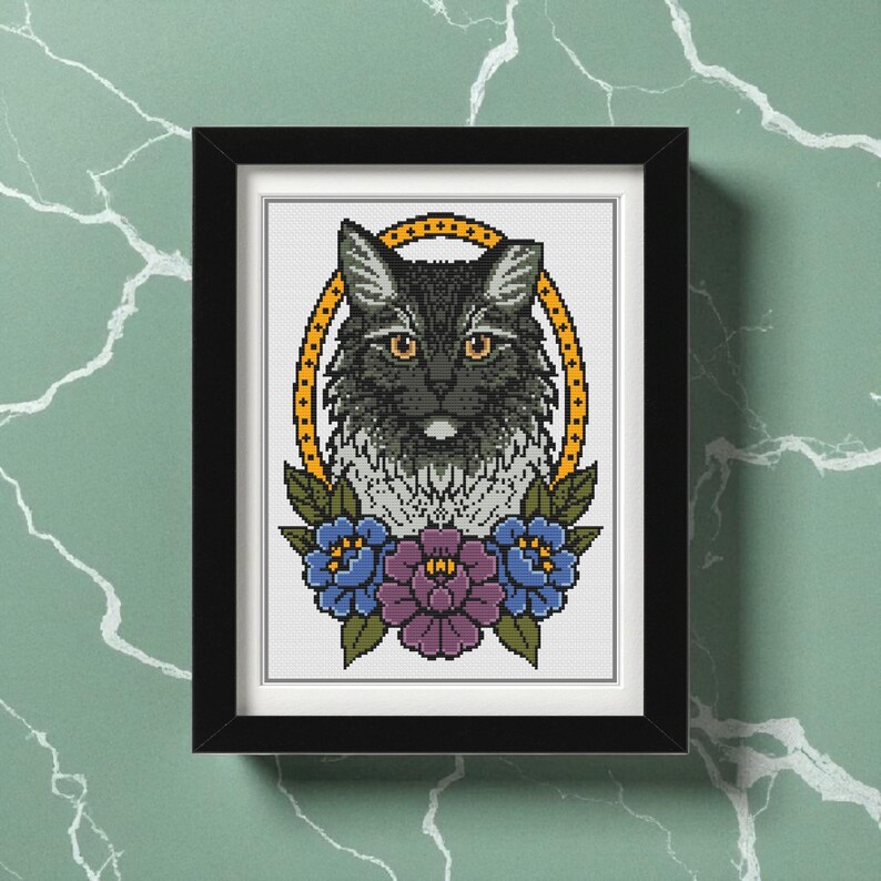 Grijze Maine Coon kat kruissteekpatroon PDF | Bloemen kattenportret | Direct downloaden afbeelding 5