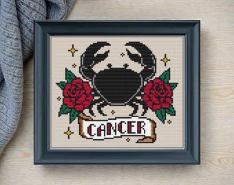 Cancer Cross Stitch Pattern PDF | Zodiac Crab Tattoo Style | Modern Astrology Needlework | Instant Chart Download