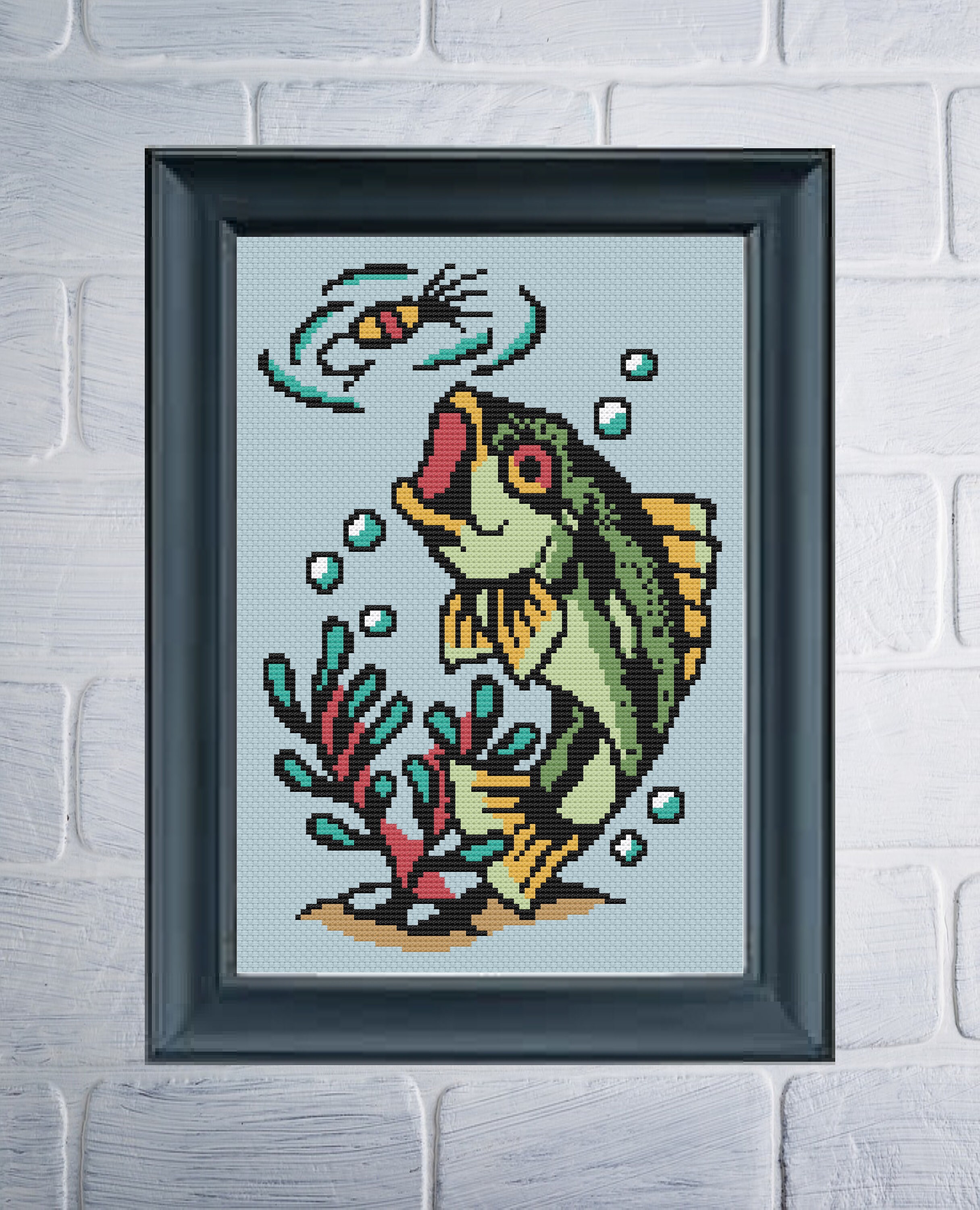 Bass on the Fly Cross Stitch Pattern PDF - Tattoo Fishing Embroidery Design  - Father's Day Craft - Instant Download - Etsy Israel, image size:2431x3000