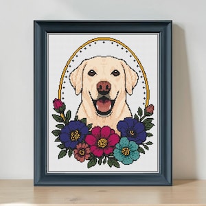 Yellow Lab Cross Stitch Pattern PDF | Floral Dog Portrait | Instant Download