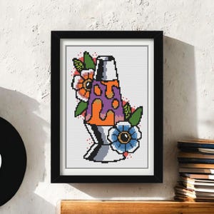 Lava Lamp Cross Stitch Pattern - Tattoo Cross Stitch PDF - 70s Flower Child Embroidery Design - Groovy Decor Craft Instant Download