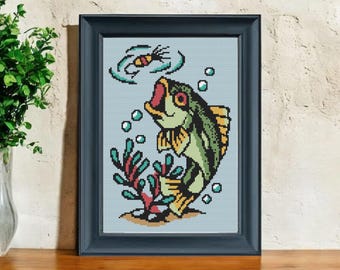 Bass on the Fly Kreuzstich Muster PDF - Tattoo Angeln Stickmuster - Vatertagsgeschenk - Instant Download