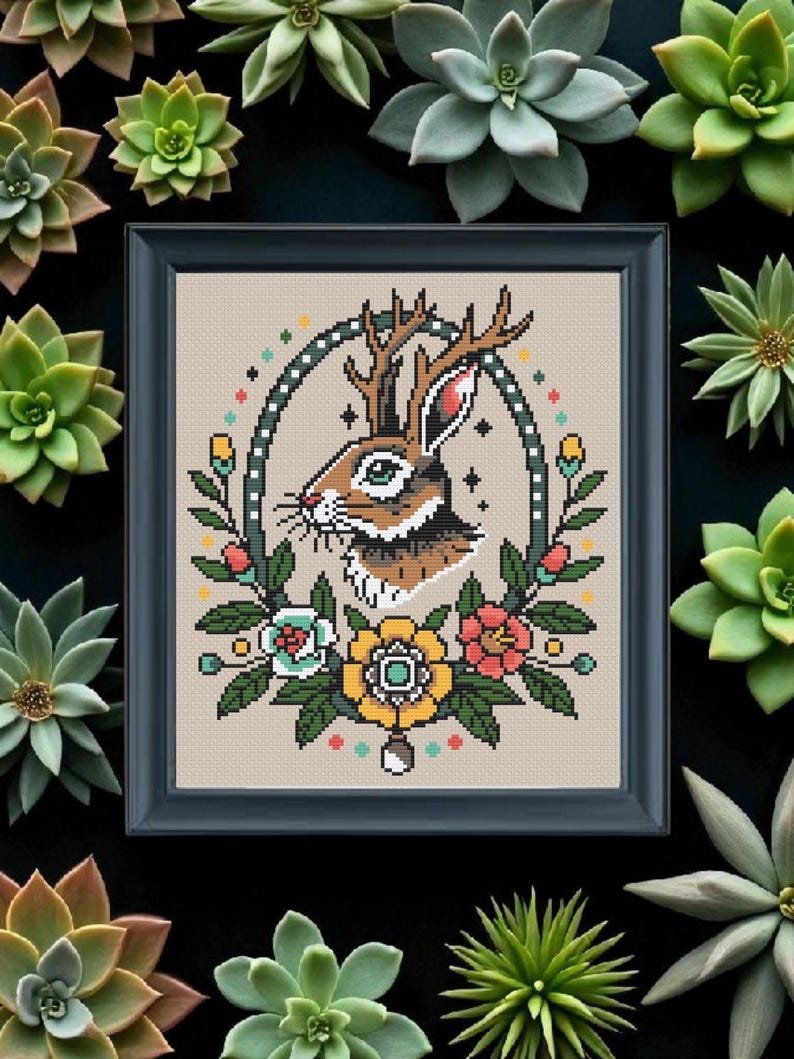 Framed jackalope cross stitch pattern with antlers and colorful tattoo-style flowers, surrounded by green succulents for a modern rustic display.