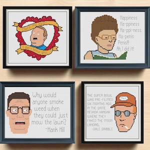 King of the Hill Cross Stitch Pattern Set of 4 PDFs - KOTH Funny Embroidery Design - Bobby Hill and Parents Instant Download Chart