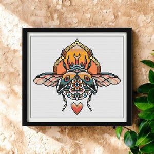 Beetle Tattoo Cross Stitch Pattern – Traditional Flash Style Bug Embroidery PDF – Edgy Modern Insect Cross Stitch – Instant Download