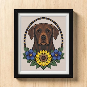Gráfico de Ponto Cruz em PDF de Labrador Chocolate | Labrador Chocolate com Girassol | Download Imediato