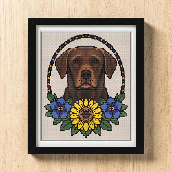 Chocolate Labrador Cross Stitch Pattern PDF | Chocolate Lab with Sunflower Design | Instant Download