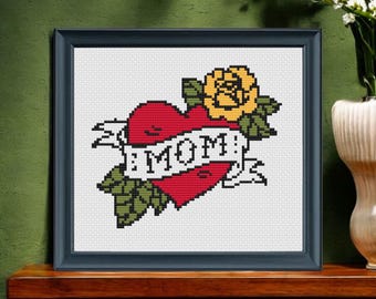 Mom Tattoo Kreuzstich Muster PDF - Muttertag Stickdatei Herz und Blume - Instant Download