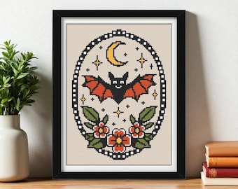 Tattoo Style Bat Cross Stitch Pattern PDF | Spooky Halloween Design | Instant Download