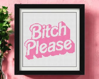 Wzór haftu krzyżykowego „Bitch Please” w formacie PDF | Zabawna różowa sztuka retro | Sarkastyczny, feministyczny wzór haftu dla współczesnych hafciarek – do pobrania natychmiast