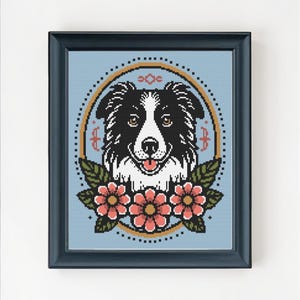Border Collie Cross Stitch Pattern PDF | Floral Dog Portrait | Instant Download