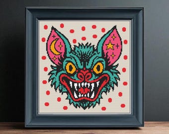 Lowbrow Bat Cross Stitch Pattern PDF | Punk Tattoo Style Halloween Design | Instant Download