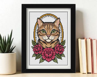 Tan Tabby Cat Cross Stitch Pattern PDF – Tattoo-Inspired Cat Embroidery Design - Peony Needlework - Instant Digital Download