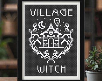 Village Witch Cross Stitch Pattern PDF - Modern Halloween Ghost Embroidery Design - Instant Download