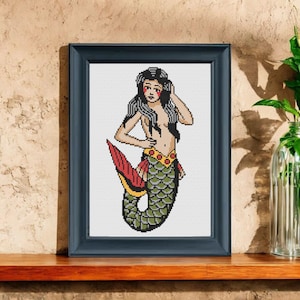 Patrón de bordado de sirena en PDF - Diseño de bordado náutico - Decoración de pared original - Descarga instantánea