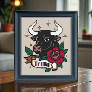 Taurus Cross Stitch Pattern PDF | Tattoo Style Zodiac Bull | Instant Download