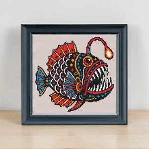 Anglerfish Cross Stitch Pattern PDF | Trad Tattoo Style Fish Design | Instant Download