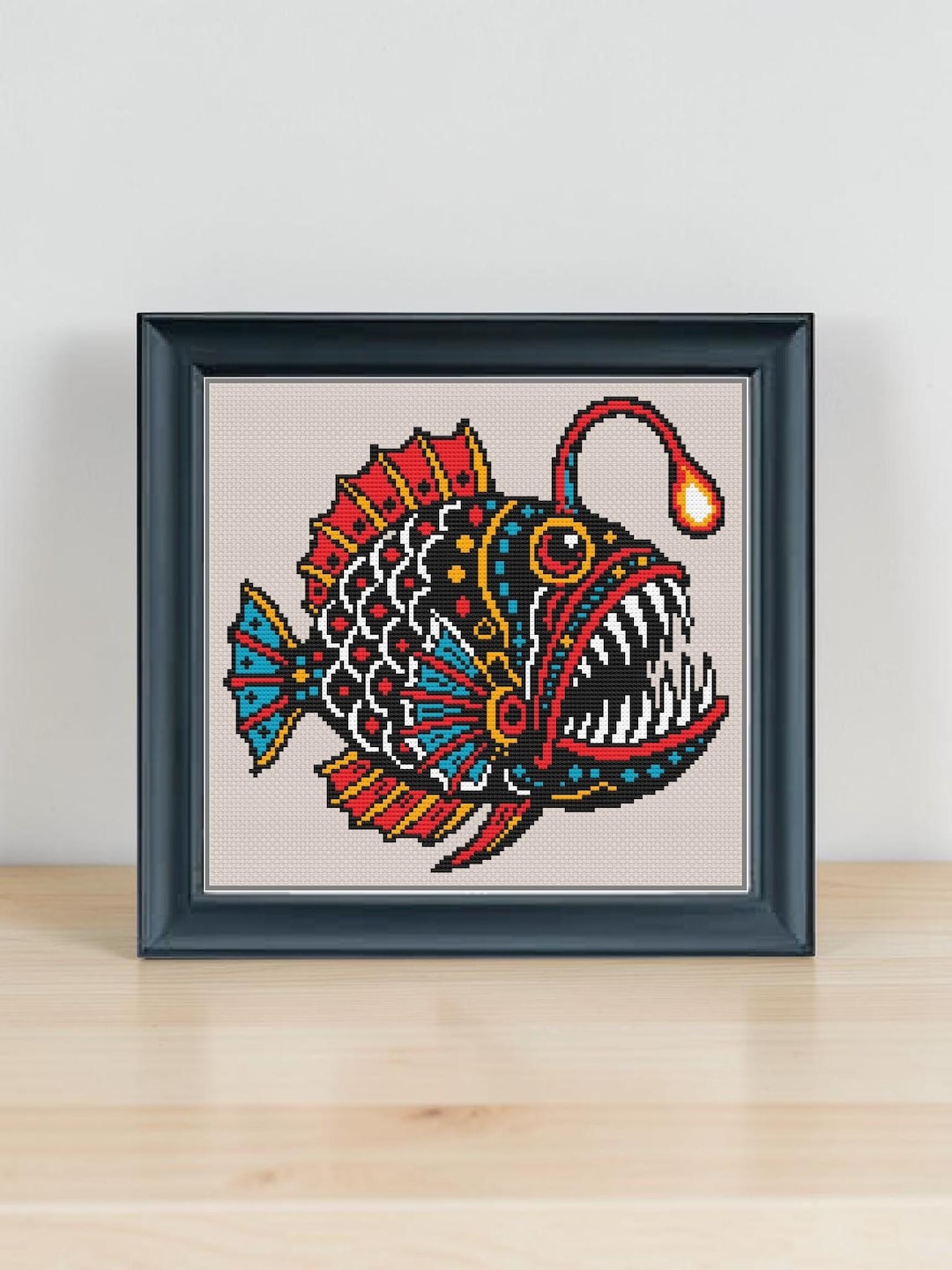 Anglerfish Cross Stitch Pattern PDF | Trad Tattoo Style Fish Design ...