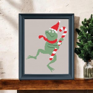 Candy Cane Frog Cross Stitch Pattern PDF – Funny Christmas Embroidery Design – Whimsical Holiday Decor - Instant Download