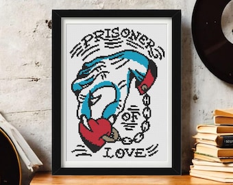 Tattoo Prisoner of Love Kreuzstich Muster PDF - Subversive Valentinstag Stickerei Design - Instant Download