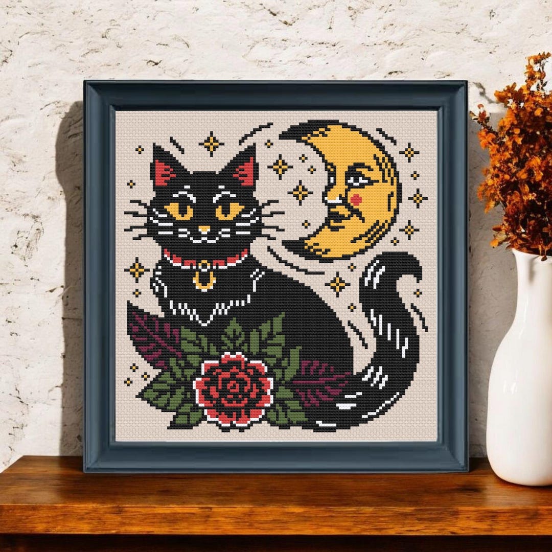 Black Cat & Moon Cross Stitch Pattern PDF – Spooky Halloween Embroidery ...