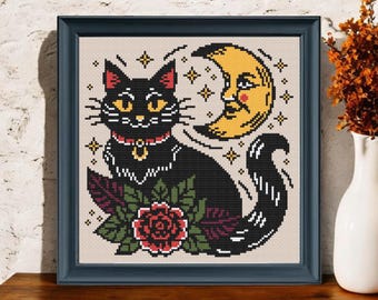 Black Cat & Moon Cross Stitch Pattern PDF – Spooky Halloween Embroidery Design - Instant Download
