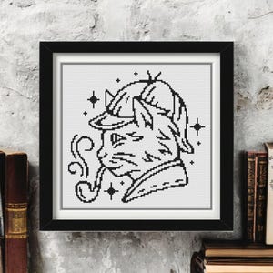 Patrón de punto de cruz de gato detective / Bordado de gato en negro (PDF) / Patrón de gato Sherlock para amantes del punto de cruz moderno