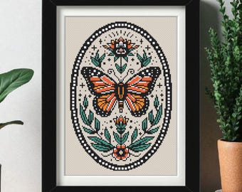 Monarch Butterfly Cross Stitch Pattern PDF – Tattoo-Inspired Spring Needlepoint Design- Instant Download