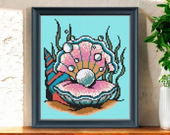 Pearl Oyster Cross Stitch Pattern PDF – Ocean Seashell Embroidery ...