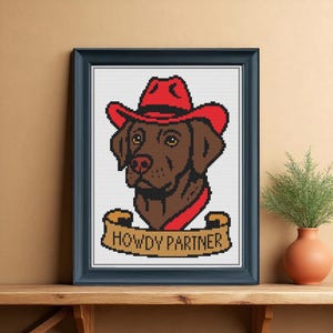 May include: Framed cross-stitch art featuring a brown dog wearing a red cowboy hat and neckerchief. The banner below reads "HOWDY PARTNER" in a western-style font. The artwork is displayed on a wooden shelf.